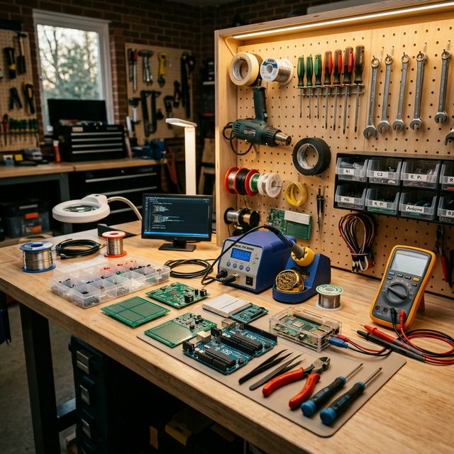 Electronics workshop workbench with tools and components
